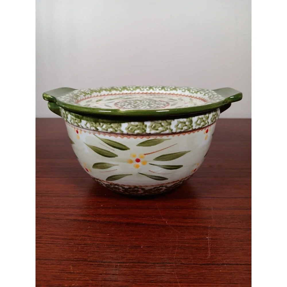 Temp-Tations Old World 1 Quart Serving Mixing Bowl With Lid Green EUC